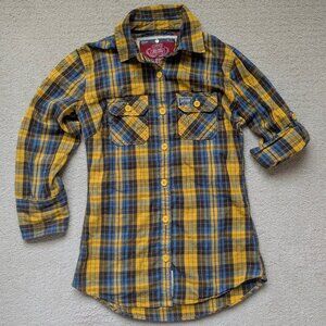 EUC Superdry Roll up Sleeve Button Down Flannel Shirt Blue Yellow Plaid Medium
